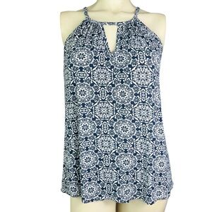 🌼Papermoon Women’s Medium Elaria Keyhole sleeveless Tank Top Blue and White